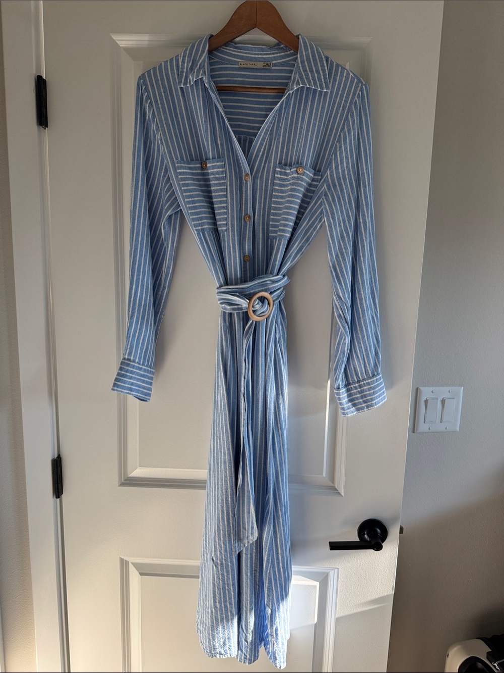 Black Tape_ Light Blue and White Striped Long Sleeve Shirt Dress